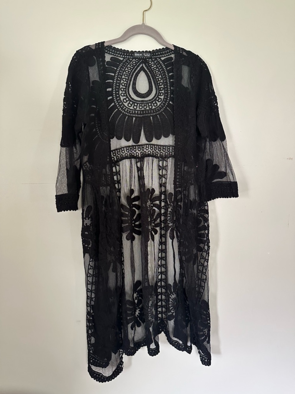 SHEIN Black Sheer Embroidered Crochet Cardigan